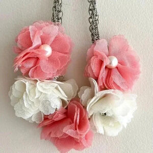Pink & Cream Colored Tulle Flower Statement Necklace Set w/ Pearl Drop Earrings